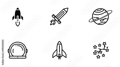 Celestial Explorers: Collection of iconic space-themed vector graphics representing rockets, planets, and exploration elements. Showcasing the allure of the cosmos
