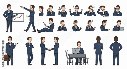 Businessmen in various professional poses and actions, pixelated