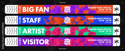 Ticket Wristband Bracelet Mockup for A Concert or Festival with Backstage Event Access. A Music Pass Design on An Arm with Hologram Logo and Red Sticker Template for A Party or Show