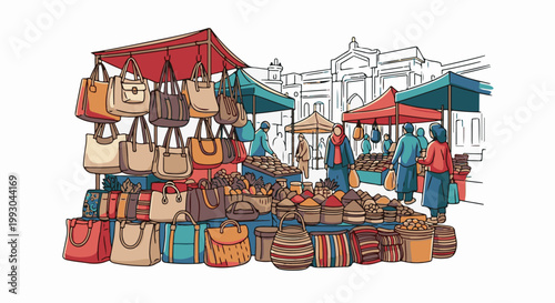 Bustling marketplace scene with vendors displaying bags, baskets, and spices to shoppers amidst architectural buildings