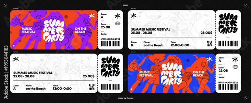 Summer Ticket Festival Template Design with Sticker and Pop Concert Party Music for VIP Events. An Exclusive Y2K and Travel Concept With Holographic Graphics on A Golden Background or Disco Pattern.