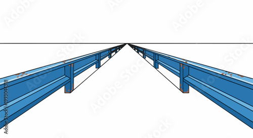 Blue guardrails receding into a vanishing point under a clear sky
