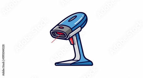 Blue handheld scanner with a red laser beam emanating from its front, on a white background