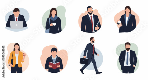 Business people in suits, various activities working, drinking coffee, reading, commuting
