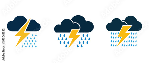 Thunderstorm weather icons with rain and lightning, vactor illustration