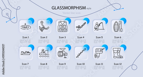 Fishing equipment set icon. Water float buoy, fishing hook bait, fishing vest gear, spinning rod, fisherman catching fish, kayak paddle boat, motor boat ride, fishing rod catch, fish finder device