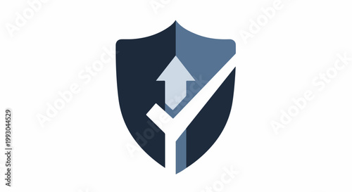 Blue shield with white checkmark and light gray upward arrow