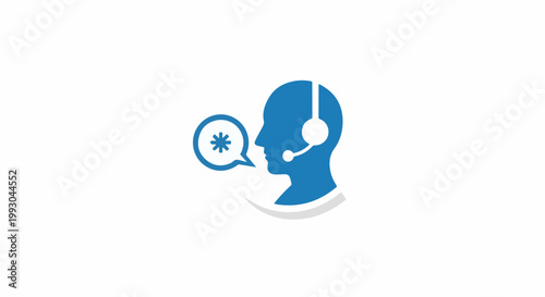 Blue silhouette of a person with a headset and a speech bubble containing an asterisk