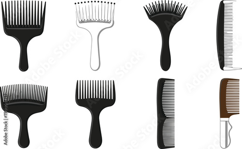 Hair Comb and Brush Tool Vector Illustration Set Featuring Various Black Brown and Silver Barber Styling Grooming Accessories for Salon Beauty and Haircare Concept Design