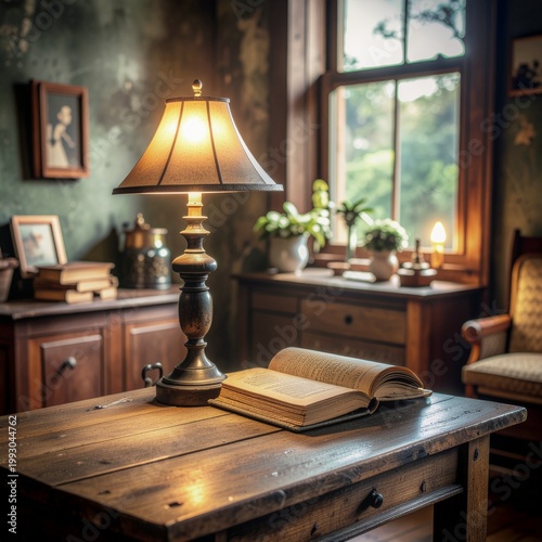 Warmly lit antique desk with an open book