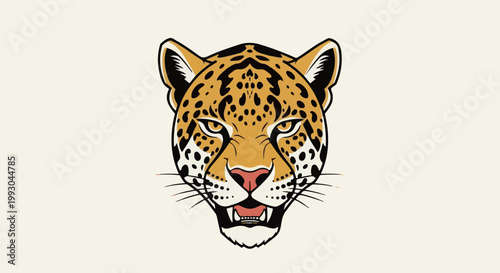 Bold illustration of a jaguar's face, featuring distinctive spots and bared teeth