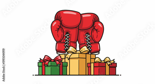 Boxing gloves rest on festive gift boxes, hinting at a sporty celebration