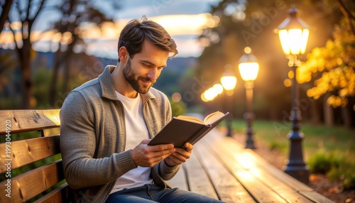Relaxed Man Engaged in a Book, Enjoying a Peaceful Evening on a Park Bench