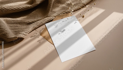 Blank paper and knitted fabric on a beige background