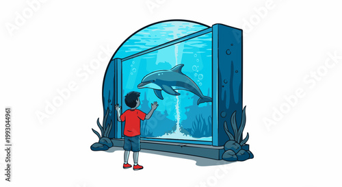 Boy watches dolphin swim in a large aquarium tank at an aquatic attraction