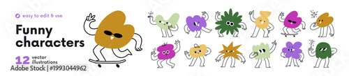 Funny abstract shapes characters, comic emoji, cartoon set. Cute doodle blobs, funky figures with happy smiling faces, emotions and expressions. Flat vector illustration isolated on white background