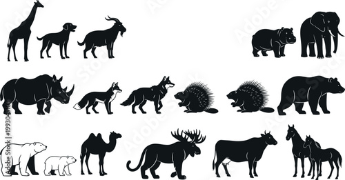 Collection of wild animal silhouettes including giraffe elephant bear wolf fox camel moose and other wildlife icons