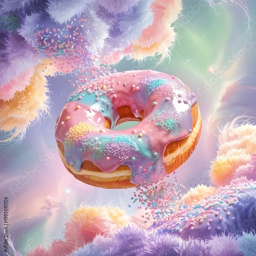 Surreal 3D render of a giant glazed pink donut floating like a planet in a colorful cosmic nebula, whimsical food art with sprinkles and dreamlike space atmosphere
