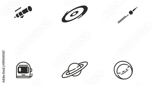 Celestial Wonders: A collection of captivating illustrations showcasing the cosmos. Explore a telescope, a galaxy, a comet, an astronaut helmet, a planet with rings, and a moon. 