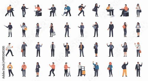 Array of diverse pixelated individuals engaged in various activities, business, and leisure pursuits