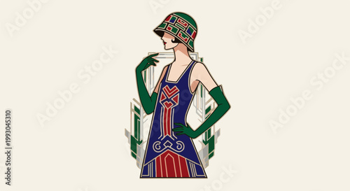 Art deco woman in a blue dress and green hat, standing confidently
