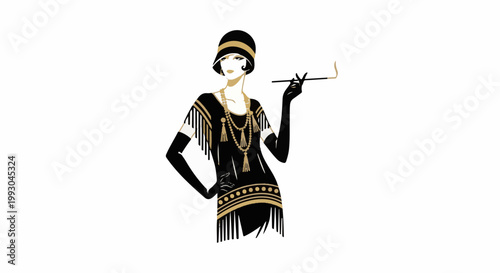 Art deco woman in a flapper dress and cloche hat, holding a cigarette holder