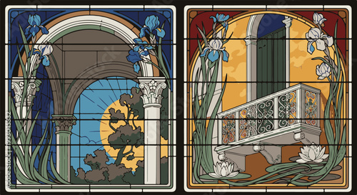 Art Nouveau stained glass panels depicting iris flowers and architectural elements
