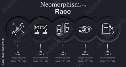Race set icon. Neomorphic circular interface line icons with crossed wrench tools, pit stop service sign, parallel racing cars lane view, spinning tire speed motion, fuel pump nozzle