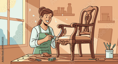 Artisan restoring an antique wooden armchair in a sunlit workshop