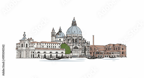 Artistic sketch of iconic domed buildings and canals with gondolas