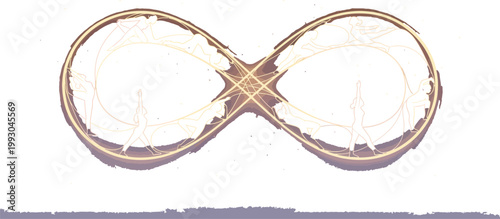 A glowing infinity symbol gracefully illustrates diverse yoga poses, depicting continuous movement, spiritual wellness, and inner balance against a serene starry background.