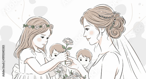 Bride receiving a rose from a child, with other children and guests in background
