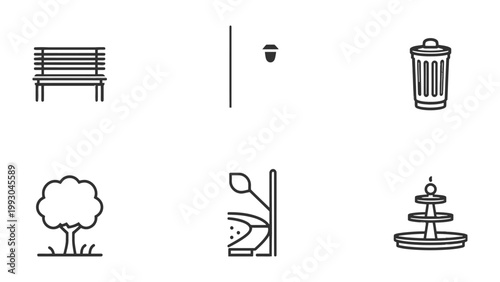 Park Amenities: A minimalist illustration set featuring essential park elements: bench, litter bin, tree, and water fountain. Showcasing the functionality and tranquility of urban green spaces.