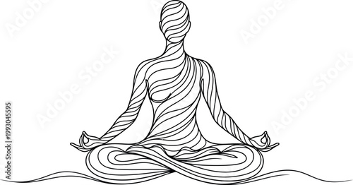 Abstract line art illustration depicting a person sitting in a cross legged lotus position for meditation to promote inner peace and calm spiritual mental wellness