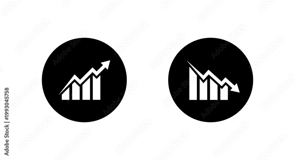 Obraz premium Growth and decline chart icon in black circle. Business trend symbol. Up and down financial performance sign