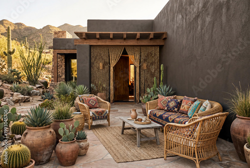 Modern house exterior with urbane bronze wall and patio featuring rattan accent chair bamboo beaded curtain and succulent garden for desert lifestyle and chic home decor inspiration