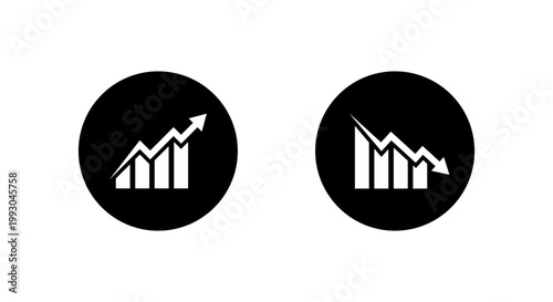 Growth and decline chart icon in black circle. Business trend symbol. Up and down financial performance sign