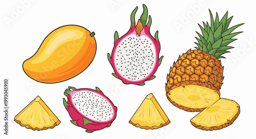 Assorted tropical fruits, including a whole mango, sliced dragon fruit, whole pineapple with slices, and pineapple wedges