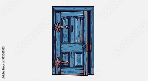 An old, blue wooden door with antique iron hinges and knob