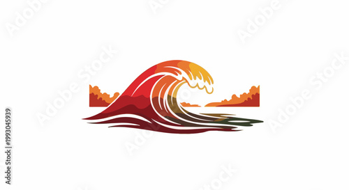 Abstract sunset wave with coastal silhouettes