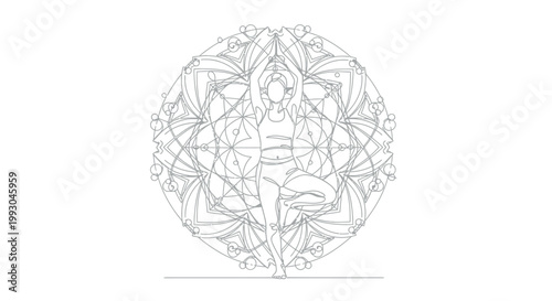 Continuous line art illustration of a person practicing yoga tree pose (Vrksasana) against an intricate spiritual mandala design, symbolizing peace, balance, and meditation.