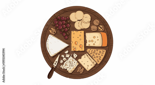 Assortment of cheeses, nuts, and grapes arranged on a wooden board
