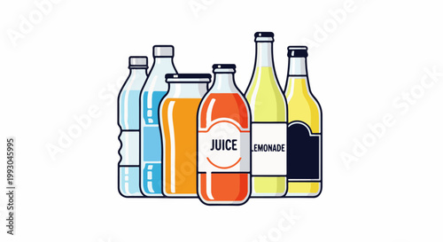 Assortment of bottled beverages, including water, juice, and lemonade