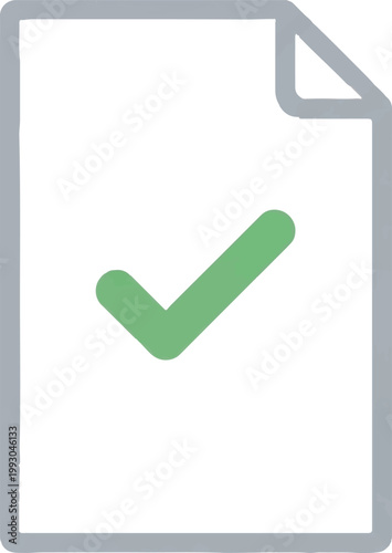 Green check mark, document icon, vector checklist, approved symbol