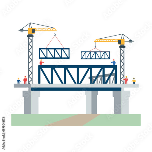 This vector illustration shows a bridge under construction with cranes lifting truss sections and workers overseeing the process.