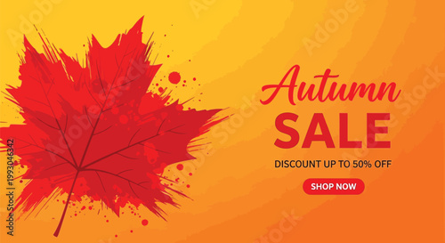 Autumn sale banner, discount offer, vector leaf, seasonal promotion