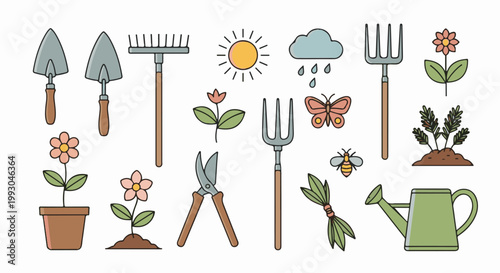 Assortment of gardening tools, flowers, and insects for outdoor cultivation