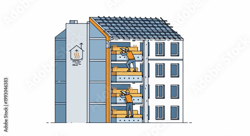 Building exterior insulation construction with workers installing material