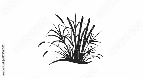 Black silhouette of cattail reeds and grasses on a white background