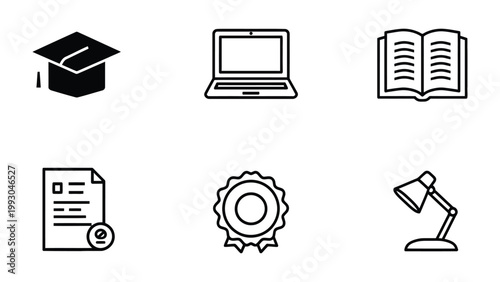 Education Icon Set: A selection of educational symbols designed to visually represent learning and academic pursuit.